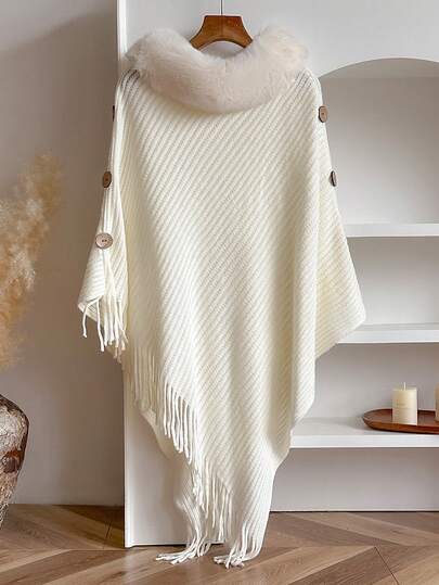 1 pezzo Poncho minimalista in tinta unita con colletto in pelliccia finta, stile bohémien, scialle spesso, caldo, morbido e soffice con nappe, elegante e adatto all'uso quotidiano, ottimo regalo per le donne, autunno/inverno