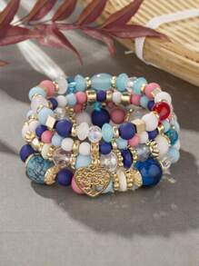 4 Pieces/Set Girls Bohemian Multi-Layer Elastic Crystal Love Tassel Simple Versatile Mother's Day Gift Bracelet