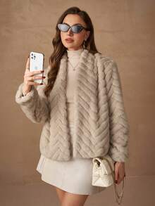 Women's Solid Apricot V-Neck Long Sleeve Faux Fur Geometric Pattern Elegant Fuzzy Jacket, Suitable For Daily, Commute, Business, Casual Wear