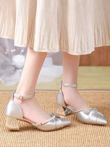 Zapatos de tacón altos elegantes y sofisticados para mujer, con tacón grueso, punta afilada, diseño hueco y estilo versátil. - Plateado - Ver 4