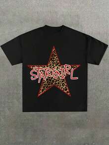 Men's Leopard Star STARGIRL Graphic Design Round Crew Neck Casual Summer Pure Cotton 220g Classic-Fit Black T-Shirt - màu đen - Xem 1