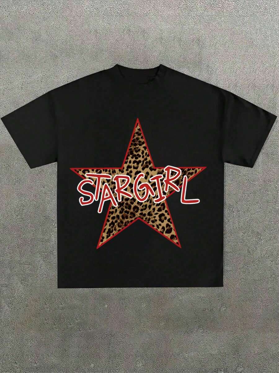 Men's Leopard Star STARGIRL Graphic Design Round Crew Neck Casual Summer Pure Cotton 220g Classic-Fit Black T-Shirt - màu đen - Xem 1