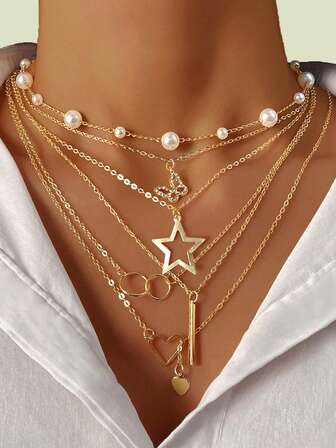 5 Stücke/Set Mode Herz, Schmetterling, Stern & Kunstperlen Mehrschicht Halsketten Set, geeignet für den täglichen Gebrauch von Frauen, Geschenk für Dates, Urlaub