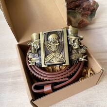 This Light Brown Western Cowboy Belt Features Embossed Rivets And A Detachable Antique Bronze Lighter Buckle. It's The Perfect Gift For Family And Friends. - hộp sọ - Xem 3