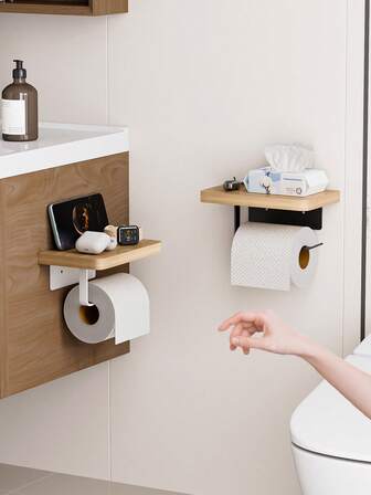 1pc Bathroom Toilet Paper Holder, Self-Adhesive Wall-Mounted Tissue Paper Rack, Bathroom Phone Holder, Fashionable Storage, Makeup Room Storage, Bathroom Storage And Organization