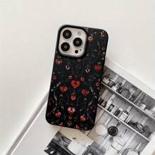 Hermosas fundas y carcasas protectoras para teléfono con diseño de flores rojas y orificios grandes. Compatibles con phone 16 Pro Max, 16, 15 Pro, 14, 14 Plus/14 Pro Max, 13, 13 Pro, 12 Pro, 11/11 Pro. Regalos para cumpleaños y festividades - Negro - Ver 1