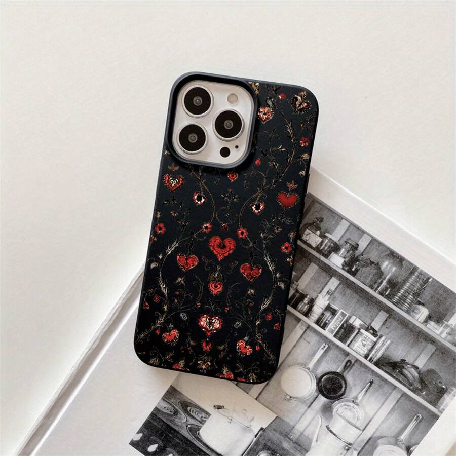 Hermosas fundas y carcasas protectoras para teléfono con diseño de flores rojas y orificios grandes. Compatibles con phone 16 Pro Max, 16, 15 Pro, 14, 14 Plus/14 Pro Max, 13, 13 Pro, 12 Pro, 11/11 Pro. Regalos para cumpleaños y festividades - Negro - Ver 1