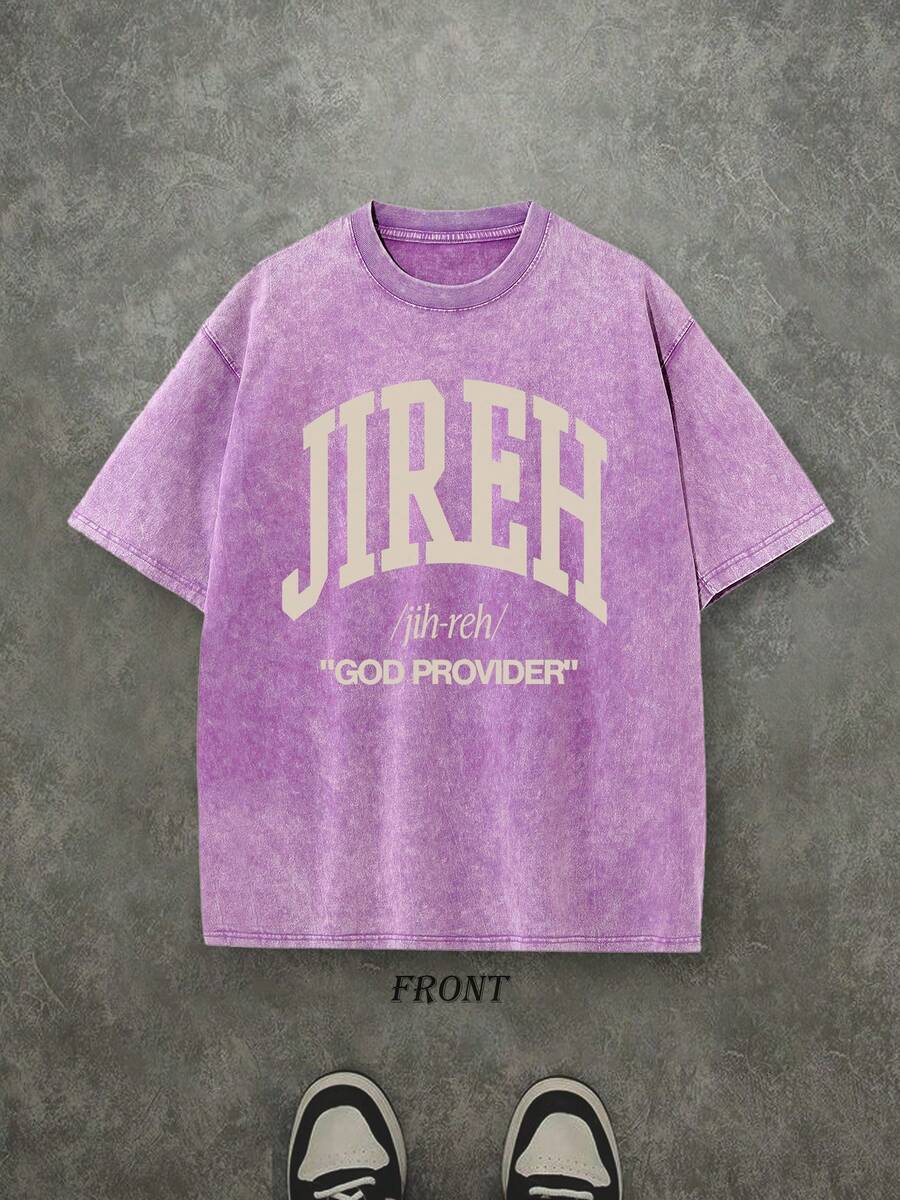 Retro Washed T-Shirt Single-Sided Printed (230 Pure Cotton T-Shirt) 'JIREH GOD PROVIDER'  Letter And Pattern Print, Christian Gift, Mens TShirt, Mens Shirt Casual, Comfortable, Fashionable T-Shirt, Street Style Cotton - 紫丁香色 - 查看 1