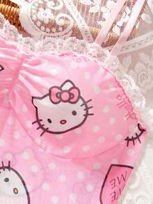 SANRIO Bộ đồ ngủ nữ  màu hồng, họa tiết  dễ thương, in hình trái tim chấm bi, chất liệu chiffon, viền bèo nhún, kiểu dáng dễ thương, quần lót hình gấu bông, đồ lót gợi cảm. - Màu Hồng baby - Xem 7