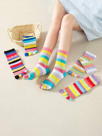 1/2/3/5 Pairs Women Colorful Striped Cat Pattern Cartoon Cute Funny Toe Socks