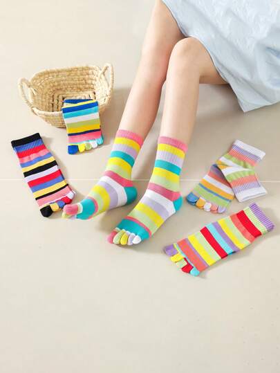 1/2/3/5 Pairs Women Colorful Striped Cat Pattern Cartoon Cute Funny Toe Socks