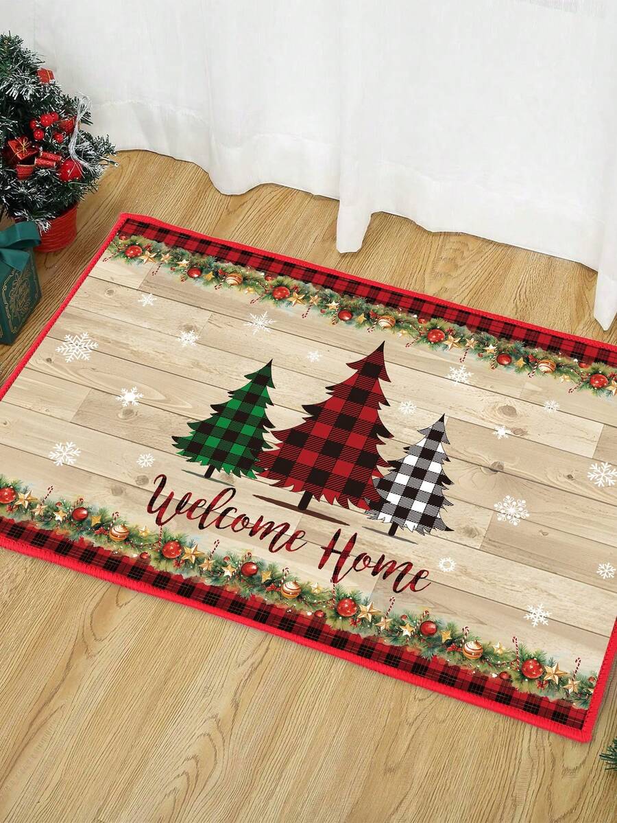 1 pieza Felpudo de bienvenida navideño, alfombra con patrón de árbol de Navidad y copos de nieve, felpudo decorativo navideño antideslizante y lavable para interiores y exteriores, decoración de fiesta de Navidad, decoración navideña, felpudo decorativo de cocina, decoración del hogar, decoración navideña 2025