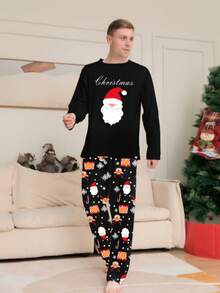Lo Rrtta New Christmas Element Men's Pajama Set, Round Neck Black Base Santa Claus Print Top With All-Over Holiday Pattern Pants, Comfortable Sleepwear 2 Pieces Set, Winter Clothes - Multicolor - View 6