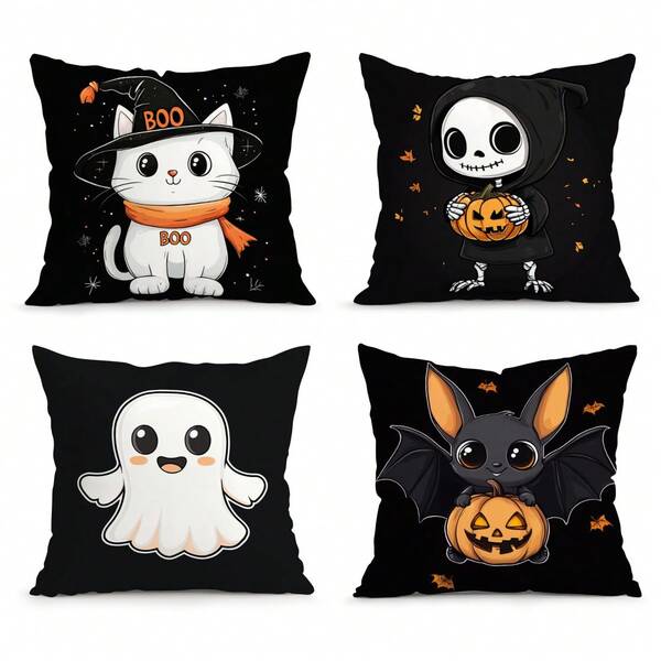 4 Stücke Cartoon-Stil Halloween Dekorations-Set, beidseitig bedruckter Kissenbezug 45*45cm