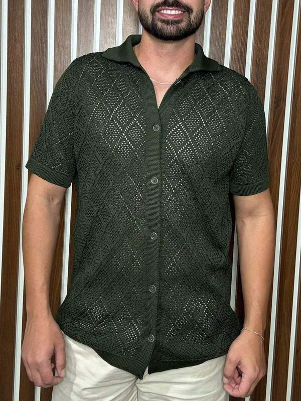 Camisa Masculina Botão Manga Curta Tricot Modal Premiun Casual Primavera Outono Verão Old Money