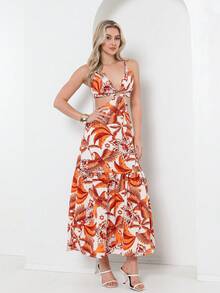 Dress With Elastane At The Back, You Can Tie It At The Back With A Print - Orange - View 5