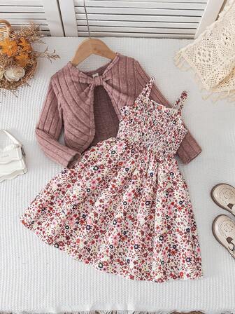 Set de 2 piezas: Vestido camisero de niña pequeña con estampado floral + Chaqueta casual de punto de cuello redondo de manga larga, estilo coreano de primavera y otoño