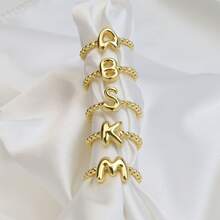 创意镀金气球气泡小字母开口戒指防水可叠戴女士 A-Z 字母串珠手指饰品 - 金色 - 查看 6