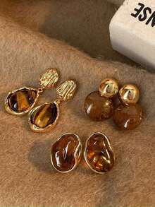 3 Pairs Vintage Amber Asymmetrical Water Drop Geometric Stud Earrings, Minimalist Design, High-End Minimalist Style Earrings Set, Suitable For Women's Daily And Festival Wear, Autumn/Winter - Set a - View 2