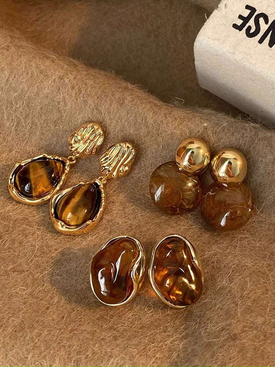 3 Pairs Vintage Amber Asymmetrical Water Drop Geometric Stud Earrings, Minimalist Design, High-End Minimalist Style Earrings Set, Suitable For Women's Daily And Festival Wear, Autumn/Winter