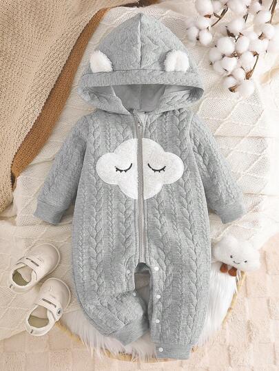 Baby Girl Casual Cute Textured Floral Fabric Plush Adorable Embroidered Hooded Jumpsuit, Comfortable For Autumn/Winter