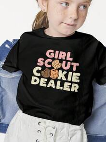 1 Girls Cotton Crew Neck T-Shirt - Casual Short Sleeve Top With "Girl Scout Cookie Dealer" Printed On It, Non-Stretch Knit Fabric, Perfect For Spring/ Summer/ Fall - Ideal For Weekend And Everyday Wear - 黑色 - 查看 1
