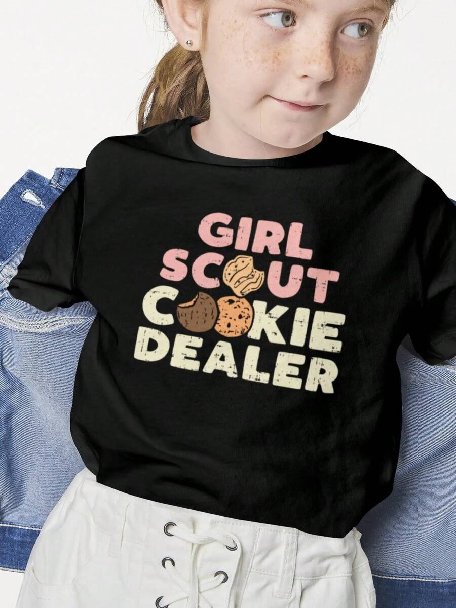 1 Girls Cotton Crew Neck T-Shirt - Casual Short Sleeve Top With "Girl Scout Cookie Dealer" Printed On It, Non-Stretch Knit Fabric, Perfect For Spring/ Summer/ Fall - Ideal For Weekend And Everyday Wear - 黑色 - 查看 1