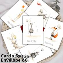 6 طقم، طقم بطاقات عيد ميلاد، ست بطاقات عيد ميلاد مرحة وطريفة، تصاميم متنوعة، مجموعة متنوعة من البطاقات الجنسية المتنوعة مع حيوانات غريبة وبالونات