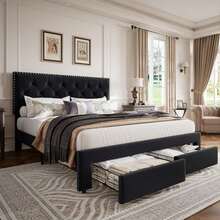 Cama matrimonial con 2 cajones, tapizada en terciopelo vintage con soporte de listones de madera y cabecero capitoné con botones. No necesita somier. Silencioso. Color negro - Negro - Ver 1