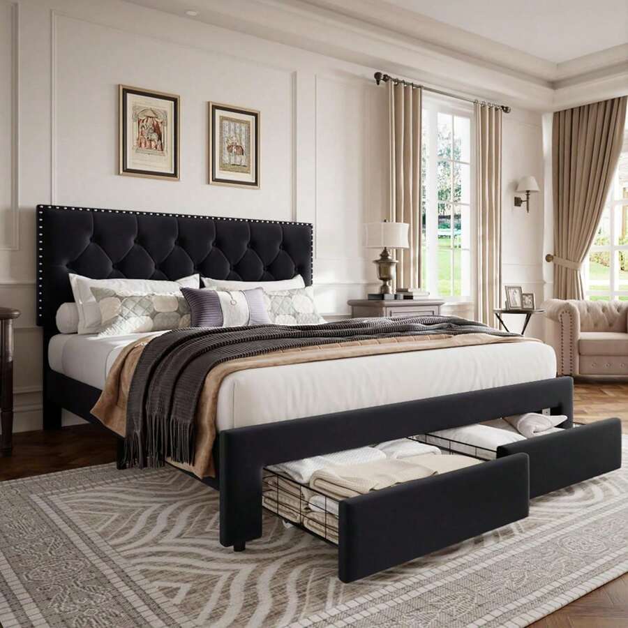 Cama matrimonial con 2 cajones, tapizada en terciopelo vintage con soporte de listones de madera y cabecero capitoné con botones. No necesita somier. Silencioso. Color negro - Negro - Ver 1