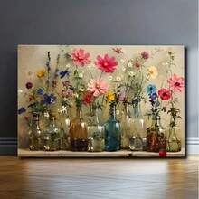 Vibrant Floral Canvas Art With Mason Jars – Modern Wall Decor For Living Room, Bedroom, Or Home Office – Colorful Bouquet Design In Blue, Pink, Yellow, And Purple – Ideal Housewarming Gift, Home Decor