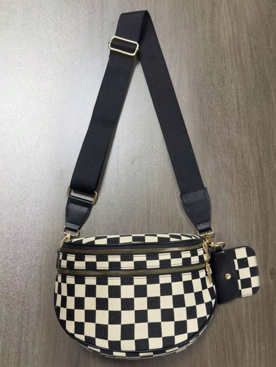 Checkerboard Print 2 - In - 1 Crossbody Bag, 2 - Tone Adjustable Crossbody Waist Pack With Detachable Pouch,Nylon Bum Bags For Women Crossbody,Spacious Sling Bag Purse Fanny Packs With Shoulder Stra, Checkered Design For Women's Casual Wear & Travel Essentials - Black - View 1