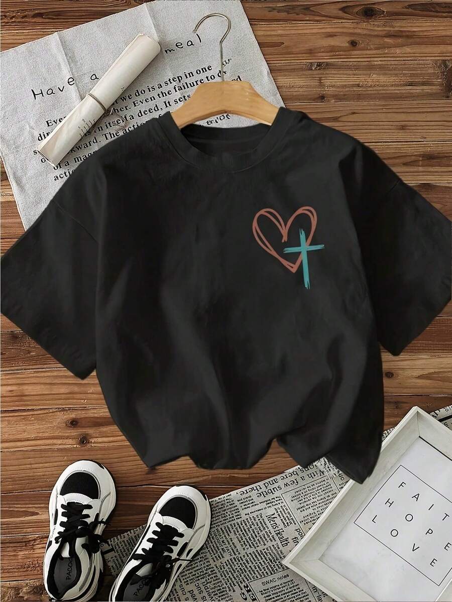 Loose Casual Round-Neck Women'S Top With A Handwritten Style Cross And The Text 'Jesus Has My' Printed On It. - Black - View 1