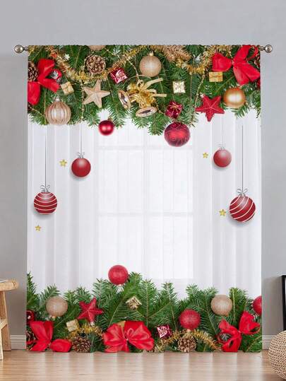 1 pieza Cortina transparente con estampado de copo de nieve de acícula de pino navideño, cortina navideña para ventana con bolsillo para barra, para dormitorio, oficina, cocina, sala de estar, decoración del hogar, 100g/m2 Decoraciones navideñas Decoración de habitación Decoraciones navideñas para el hogar