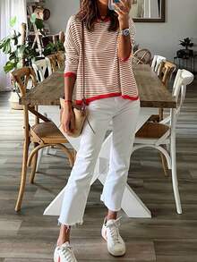 Acelitt Winter Halloween Color Blocking Striped Loose Off Shoulder Casual Round Neck Long Sleeved Sweater