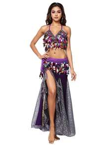 女士肚皮舞服装套装，包括露脐上衣、胸罩、臀巾和开衩裙，适合万圣节 - 彩色 - 查看 14