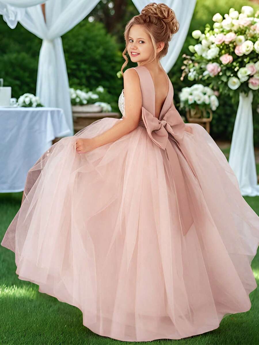 Tween-Mädchen Rosa Puffkleid mit Patchwork-Muster und Schleifendekor - Pink - Übersicht 1
