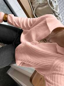 Áo khoác cardigan dệt kim tay dài cài nút ve áo màu vàng mù tạt mới dành cho nữ Senya mùa Thu/Đông, áo len chui đầu dáng rộng kẻ sọc dọc, áo khoác dệt kim mặc hàng ngày và đi làm màu hồng. - Hồng - Xem 2