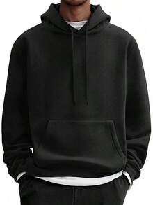 Men Cotton Fleece Hooded Sweatshirt Casual Long Sleeve Hoodies Pullover Fashion Drawstring Hoodie With Kanga Pocket - 黑色 - 查看 1