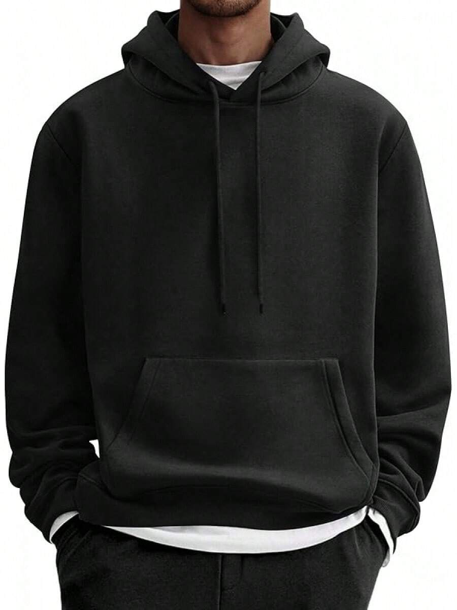Men Cotton Fleece Hooded Sweatshirt Casual Long Sleeve Hoodies Pullover Fashion Drawstring Hoodie With Kanga Pocket - 黑色 - 查看 1