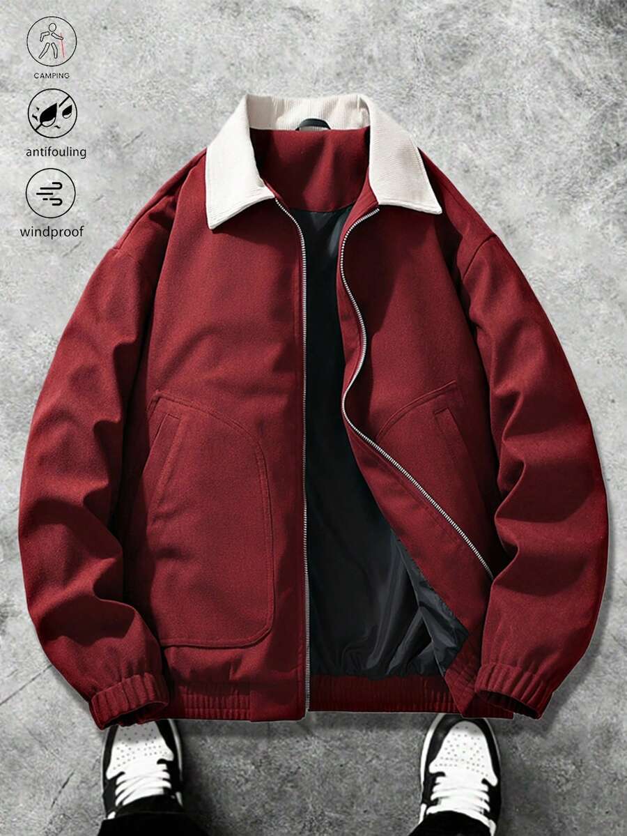 1pc Men's Fashionable Burgundy Jacket With Contrast Collar Design, Eye-Catching Zipper And Large Pockets, Crisp Fabric, Suitable For Young Men's Casual Outings, Street Wear And Neighborhoods To Showcase Personal Style