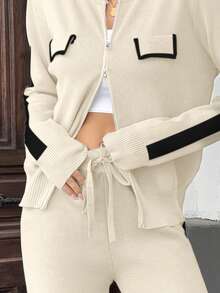 Conjunto de 2 piezas para mujer de moda punto de tejido unicolor contraste bordes en color contraste ligero para uso diario - Beis - Ver 5