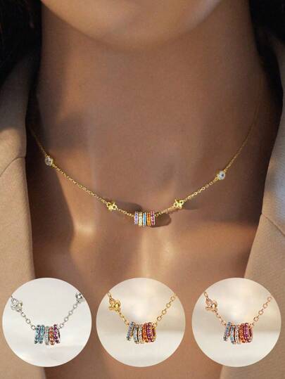 1pc Sparking 925 Sterling Silver Zirconia Simple Colourful Lucky Bead Women's Necklace Gorgeous Anniversary Gift For Girlfriend