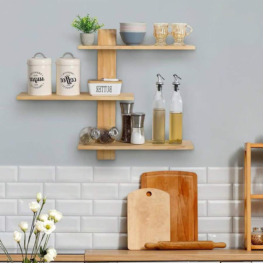 Holz Wandregal 50x50x14 cm – Schwebendes Regal mit 3 Ebenen für Küche, Wohnzimmer & Garten