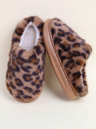 1 Pair Brown Leopard Print Thick Plush Lined Indoor Slippers For Kids, Non-Slip Soft Sole, Suitable For Winter