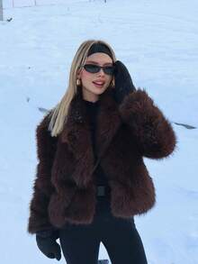 Women's Casual Everyday Loose Fit Round Neck Open Front Fuzzy Jacket, Autumn/Winter - Brown - View 2