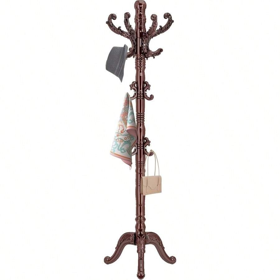 Wooden Classic Coat Rack Stand Solid Wood Coat Rack Freestanding With 14 Hooks Vintage Coat Racks With Sturdy Triangle Base Natural Birch Wood Coat Tree Stand For Entryway Hallway - 黑紅 - 查看 1