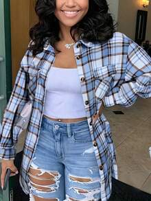 Kurtka koszulowa w kratę damska w dużym rozmiarze, lekka odzież wierzchnia, koszula w kratkę z guzikami z przodu, idealna na powrót do szkoły w stylu Y2K, uniwersalna koszula z długim rękawem i kołnierzykiem, odpowiednia na co dzień, na zewnątrz, na wakacje, na cały sezon