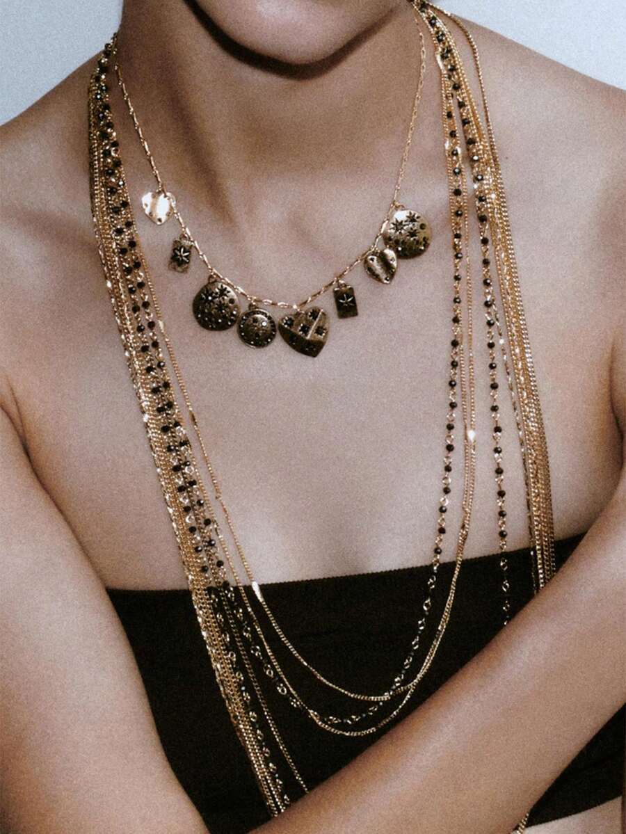 1pc Fashionable Luxury Design Multi-Layer Beaded Chain Geometric Pattern Pendant Necklace For Women