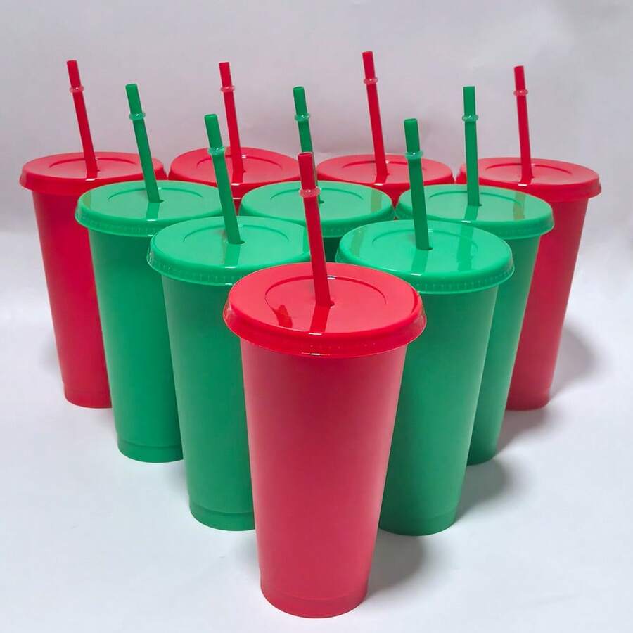 10/20 Pack 24oz Christmas Plastic Water Cup Drink Cup, 710ml Plastic Cup Reusable Water Cup For Hot And Cold Drinks, Perfect For Holiday Parties, Office Use, Halloween Valentine'S Day Christmas Thanksgiving Birthday Anniversary Party Drink Set - Đỏ + Xanh lá cây - Xem 1